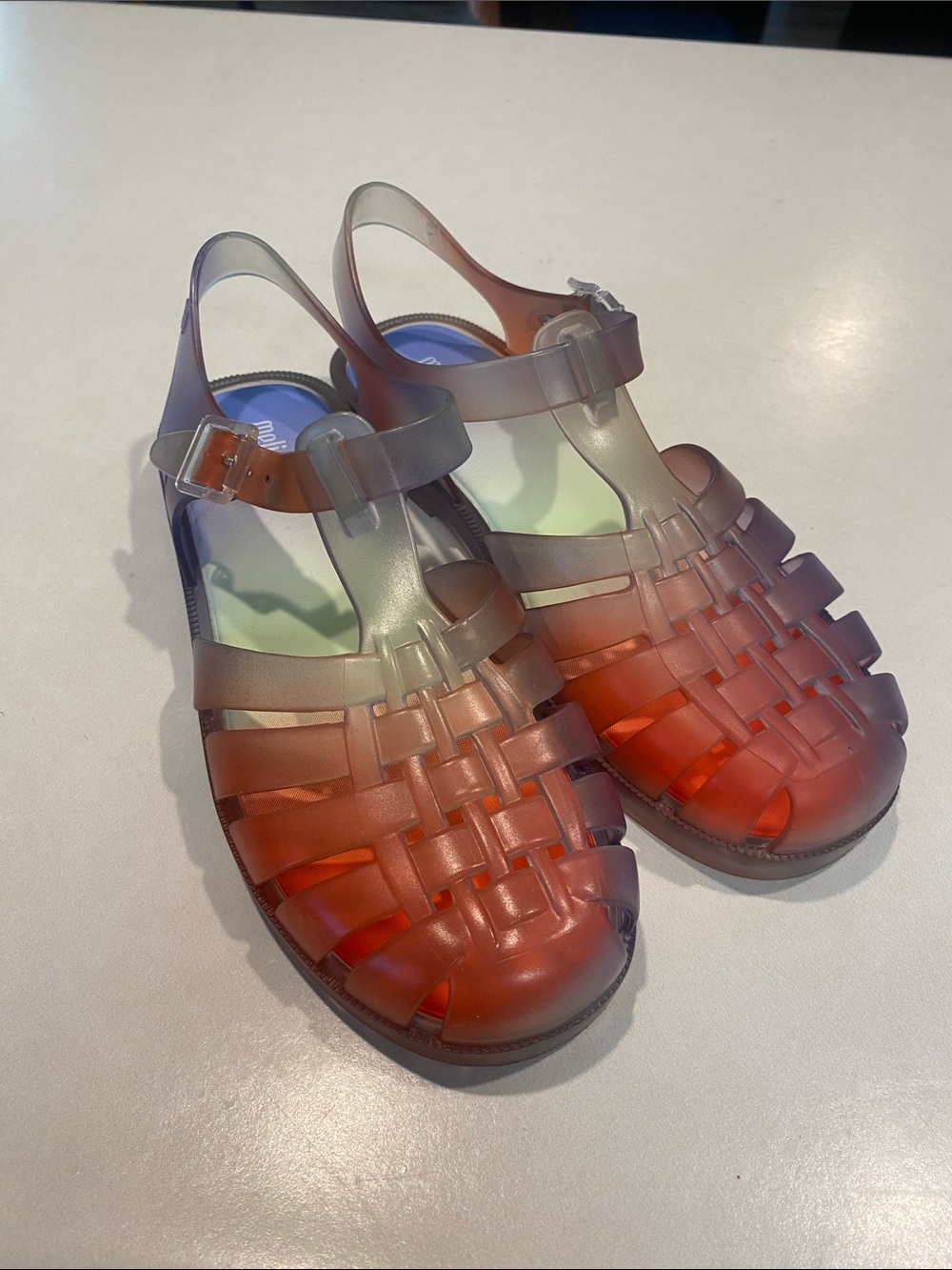 MELISSA POSSEGRAND JELLY CLEAR RED BLUE FISHERMAN STYLE SANDAL WOMENS SZ 6 EU 35